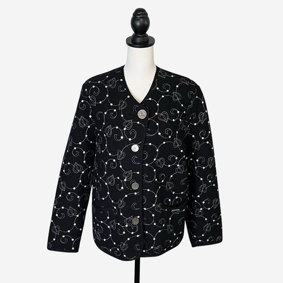 Vintage Geiger Sweater Jacket Black Wool Embroidered Embellished - Picture 1 of 15